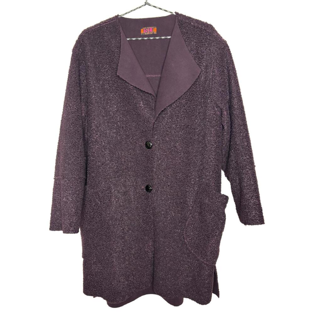 ISLE by Melis Kozan Women's Sz M Dark Purple Knit Sherpa Button Cardigan
